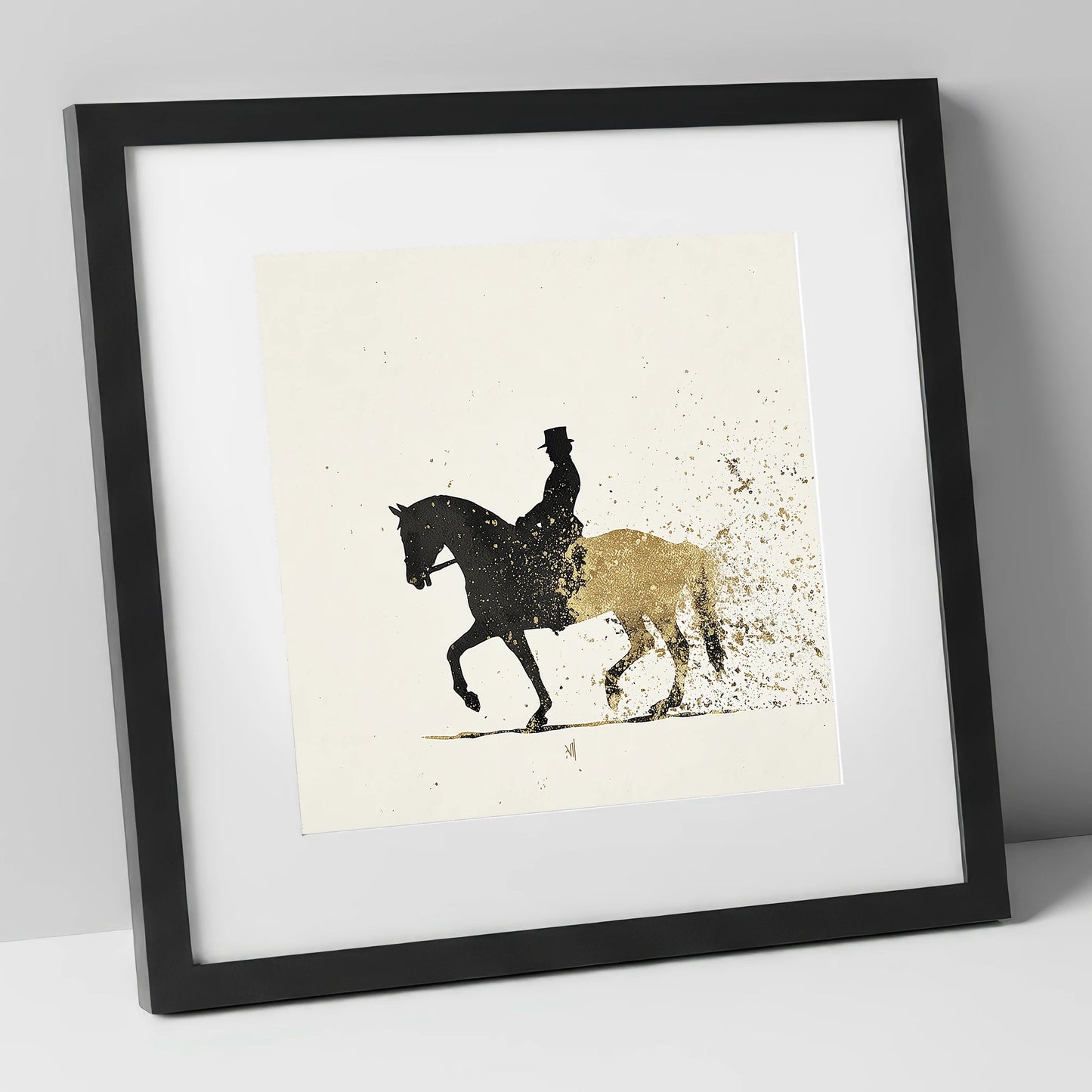 The Golden Passage dressage horse art print in black frame