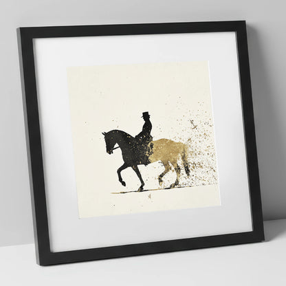 The Golden Passage dressage horse art print in black frame