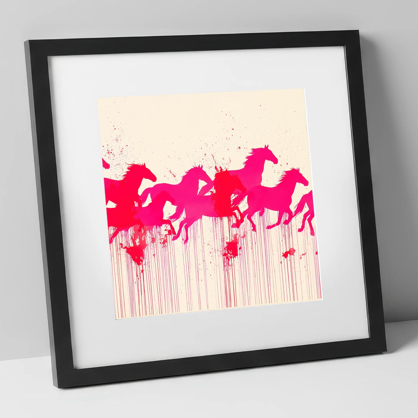 Vivid Magenta Herd wild horses art print in black frame