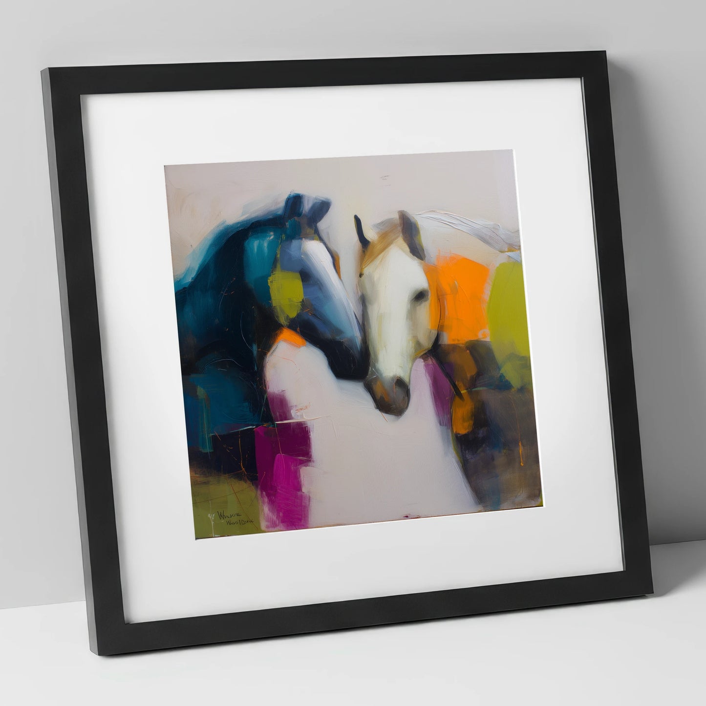 Vibrant Equine Bond horse portrait art print in black frame