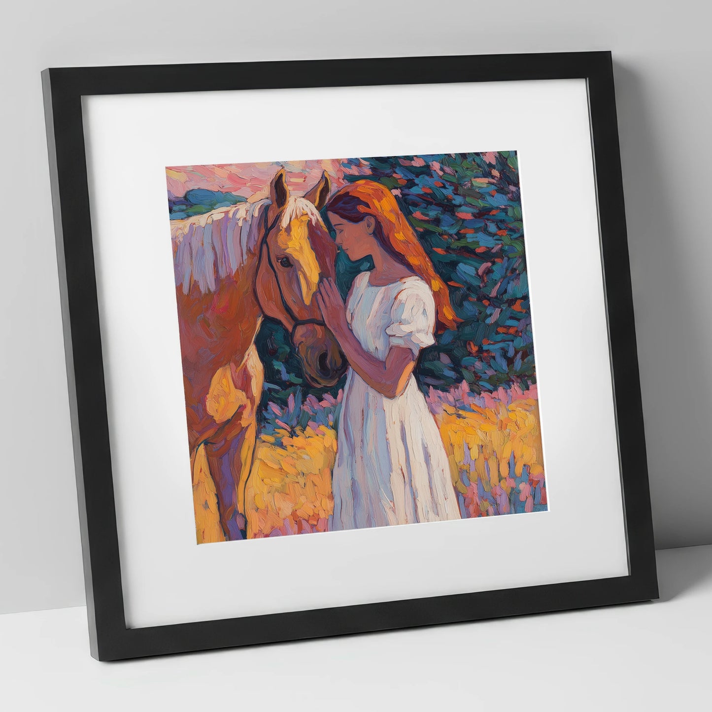 A Quiet Connection horse & rider art print in black frame