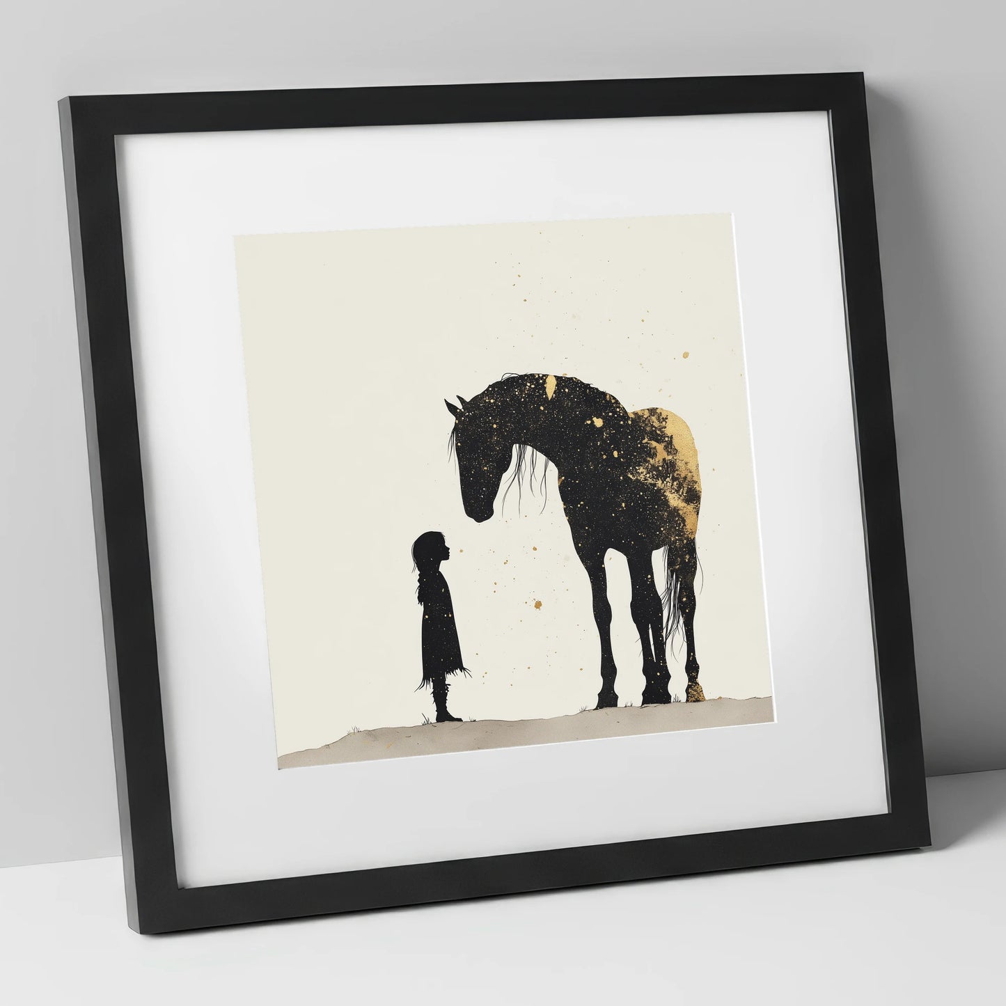 Whispers in Gold horse & rider art print in black frame
