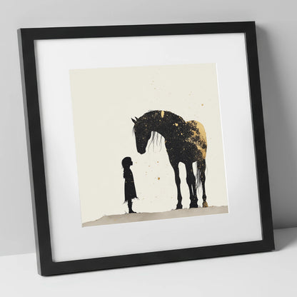 Whispers in Gold horse & rider art print in black frame