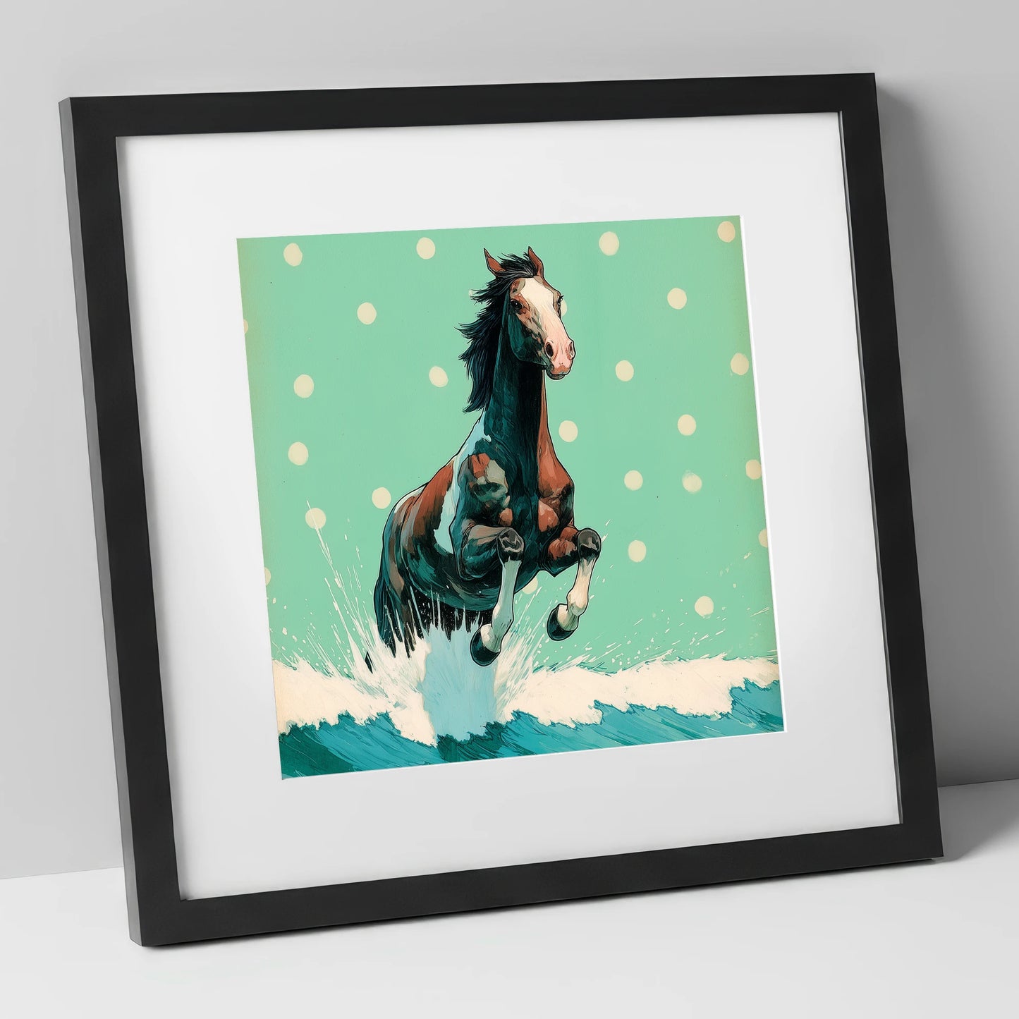 Graphic Ocean Surge beach horse art print in black frame