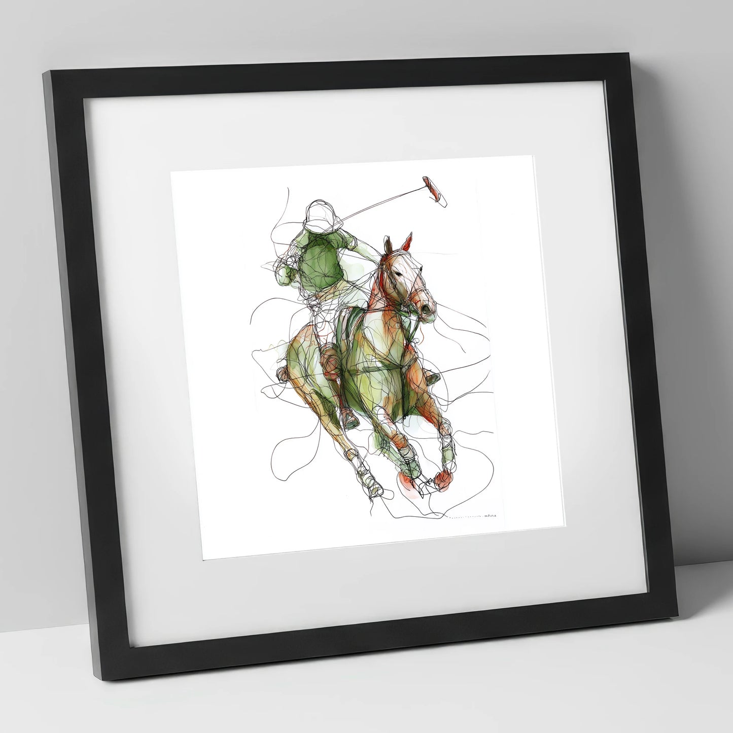 Kinetic Polo Strike polo horse art print in black frame