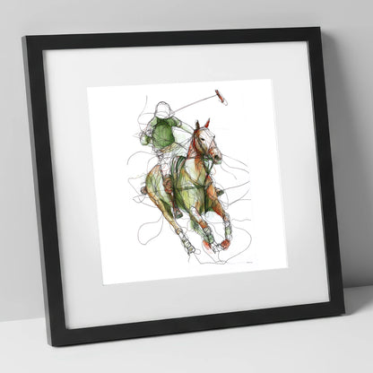 Kinetic Polo Strike polo horse art print in black frame