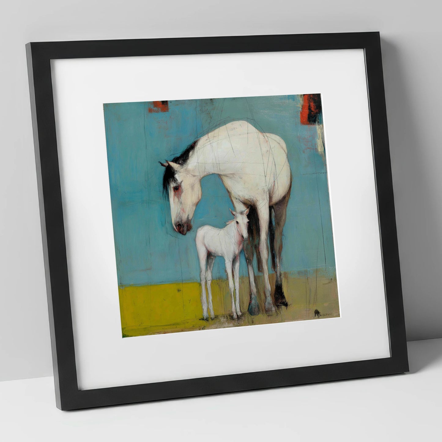 Quiet Bond in Teal mare & foal art print in black frame