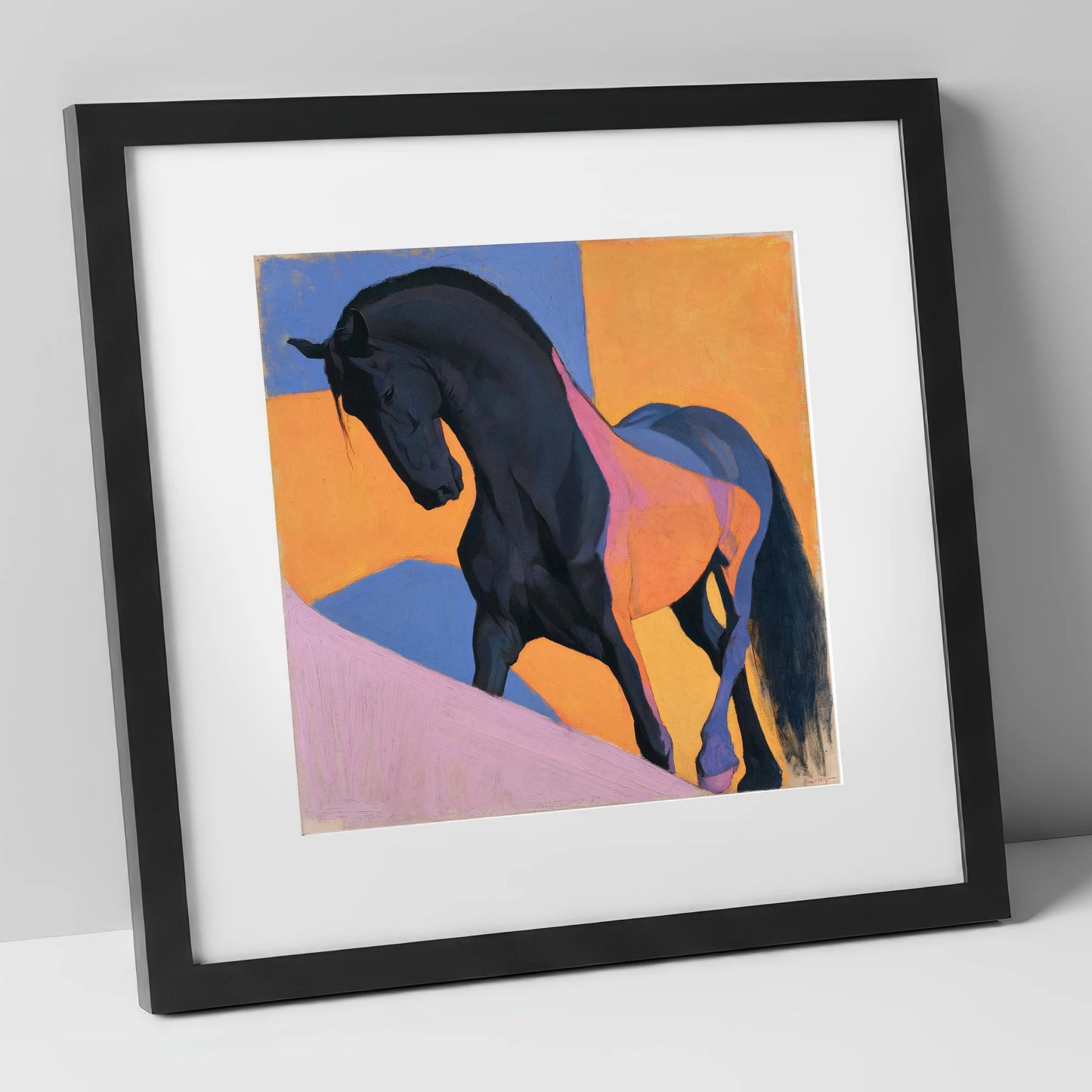 Black Stallion on Bold Orange horse breed art print in black frame
