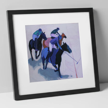 Midnight Pursuit on the Field polo horse art print in black frame