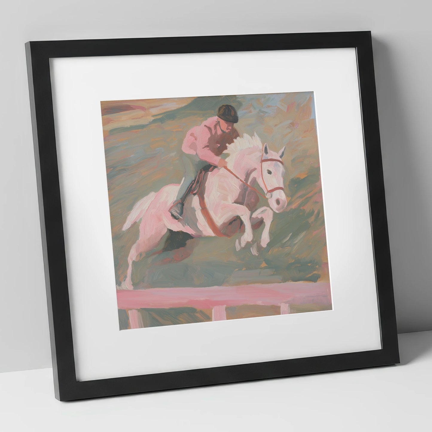 Airborne in Pastel show jumping horse art print in black frame