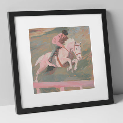 Airborne in Pastel show jumping horse art print in black frame