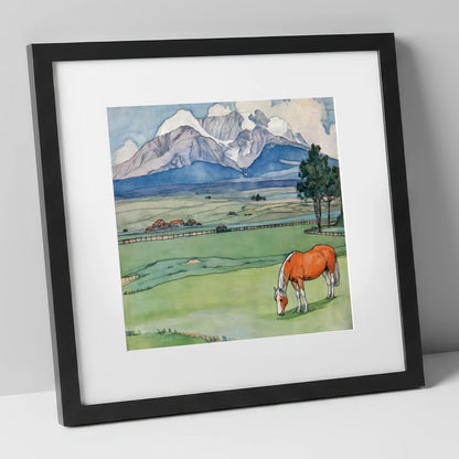 Alpine Pastures horse landscape art print in black frame
