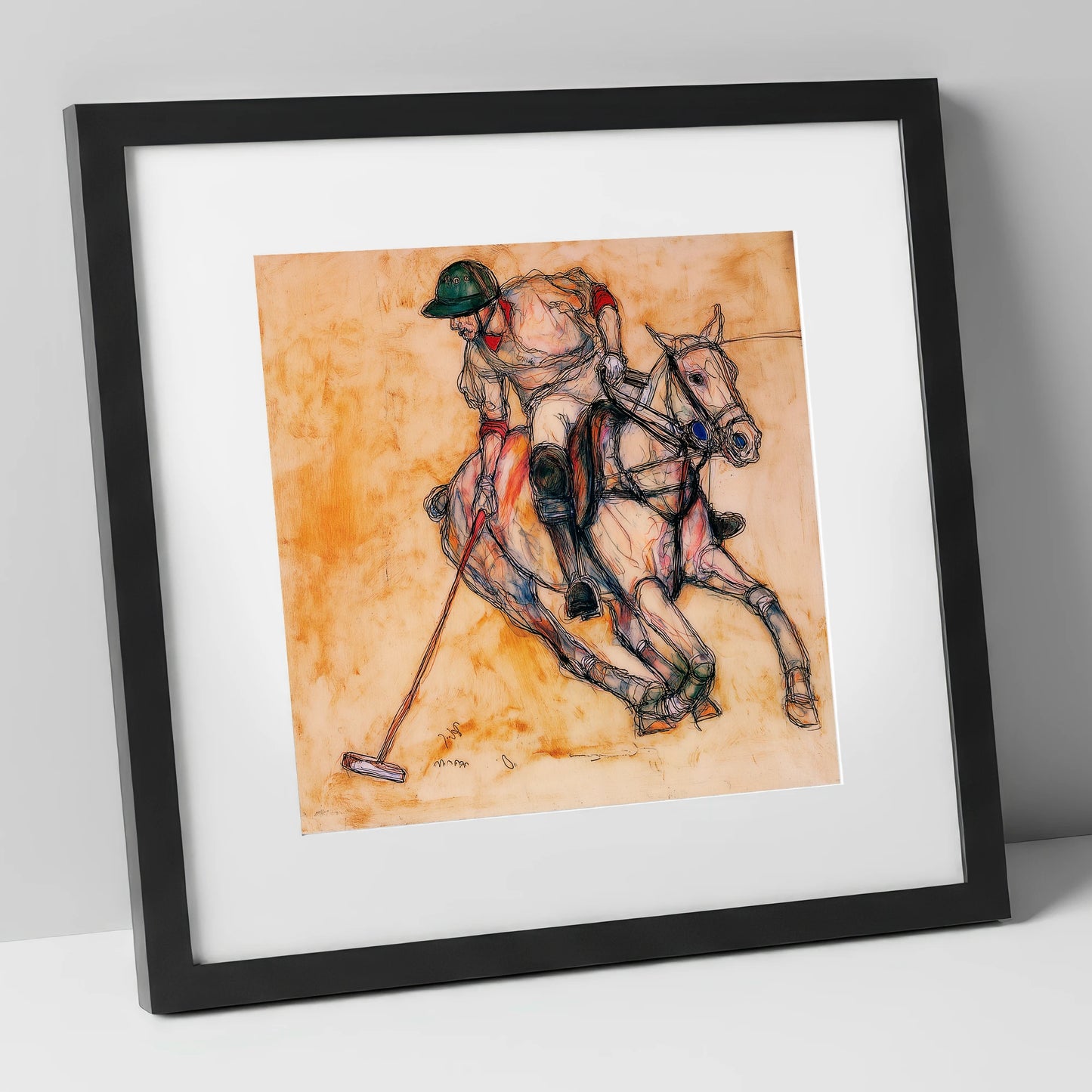 The Decisive Strike polo horse art print in black frame