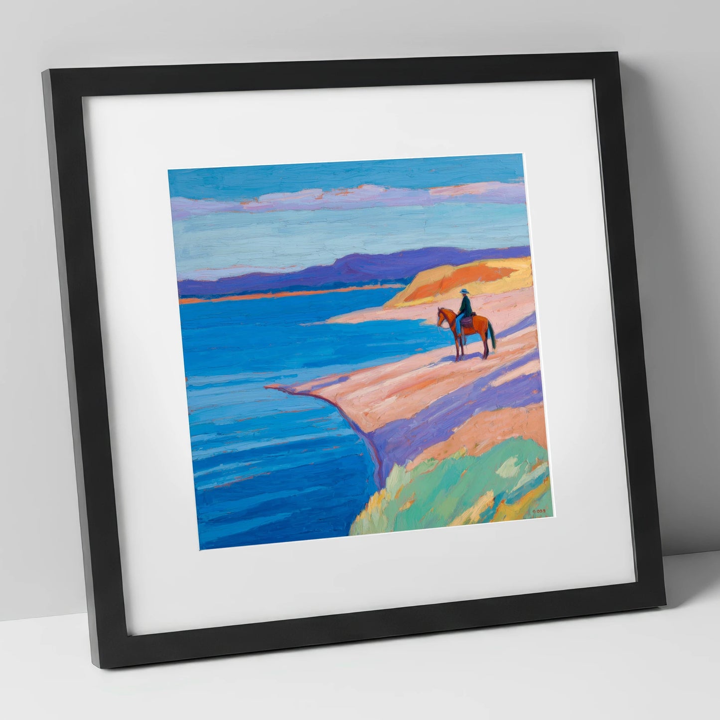 Edge of the Azure beach horse art print in black frame