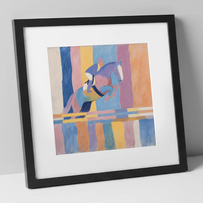 Pastel Flight show jumping horse art print in black frame