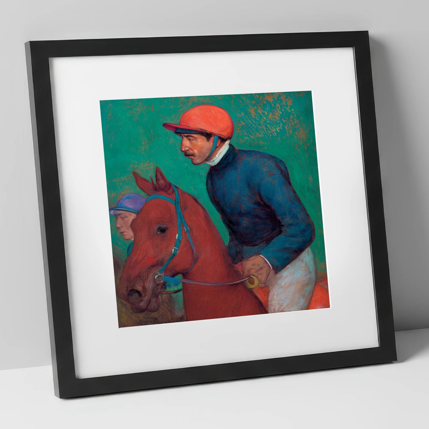 Turf Anticipation racing horse art print in black frame