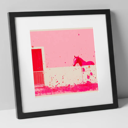 Crimson Doorway horse stable art print in black frame