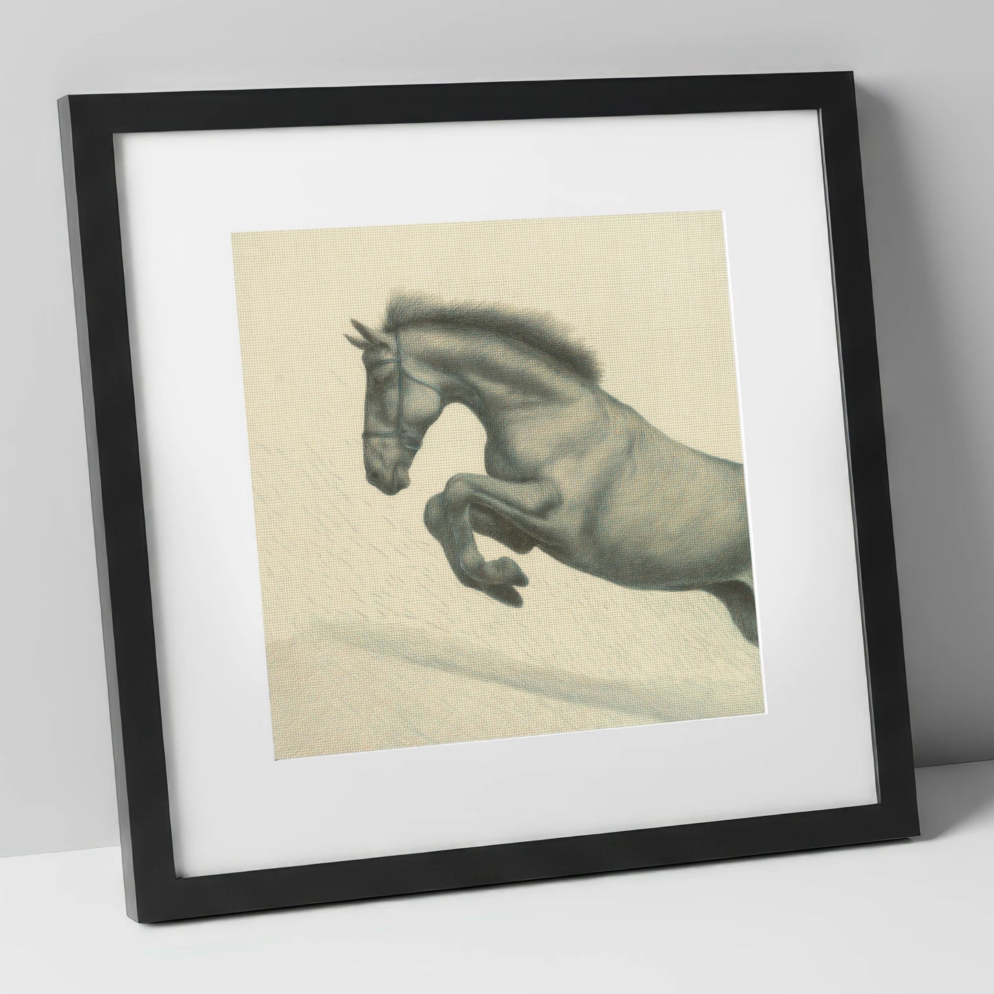 Etched in Flight show jumping horse art print in black frame