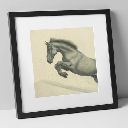 Etched in Flight show jumping horse art print in black frame