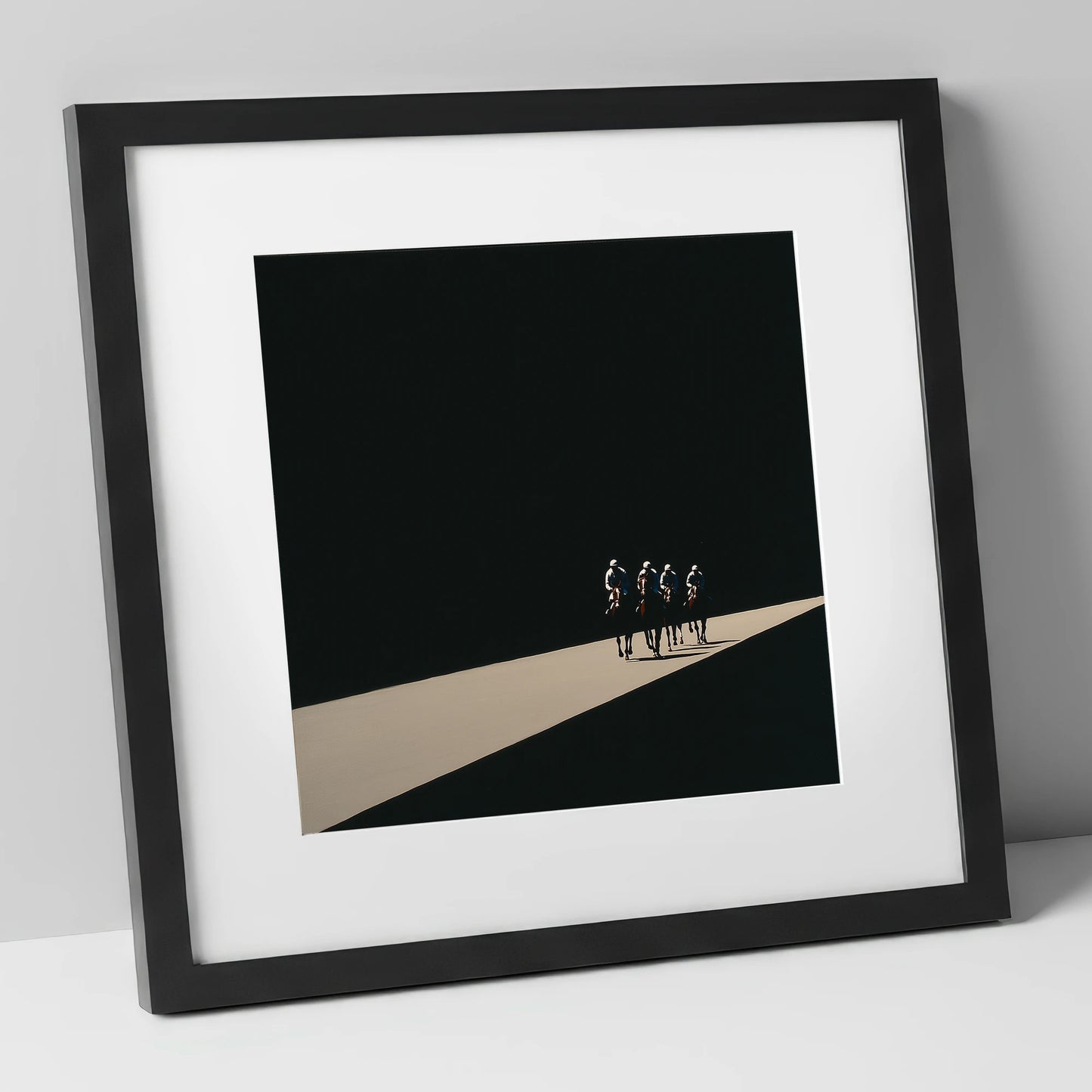 Out of the Shadows racing horse art print in black frame