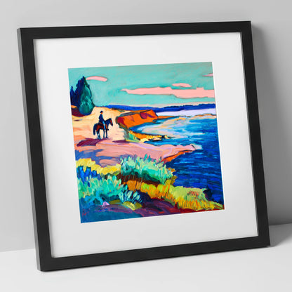 Vivid Coastal Hack beach horse art print in black frame