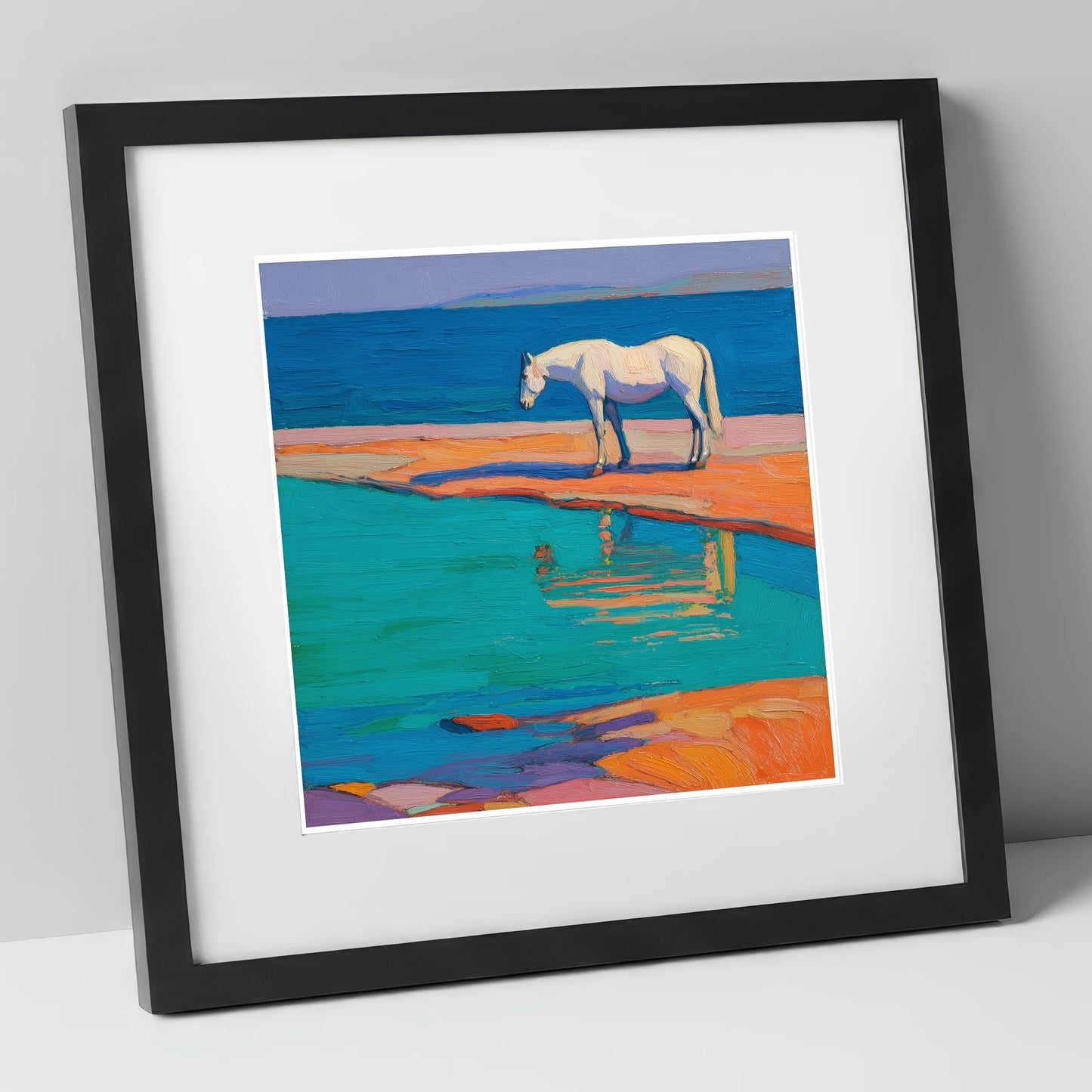 Turquoise Tide Reflections beach horse art print in black frame