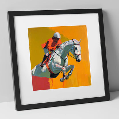 Airborne Over Gold show jumping horse art print in black frame