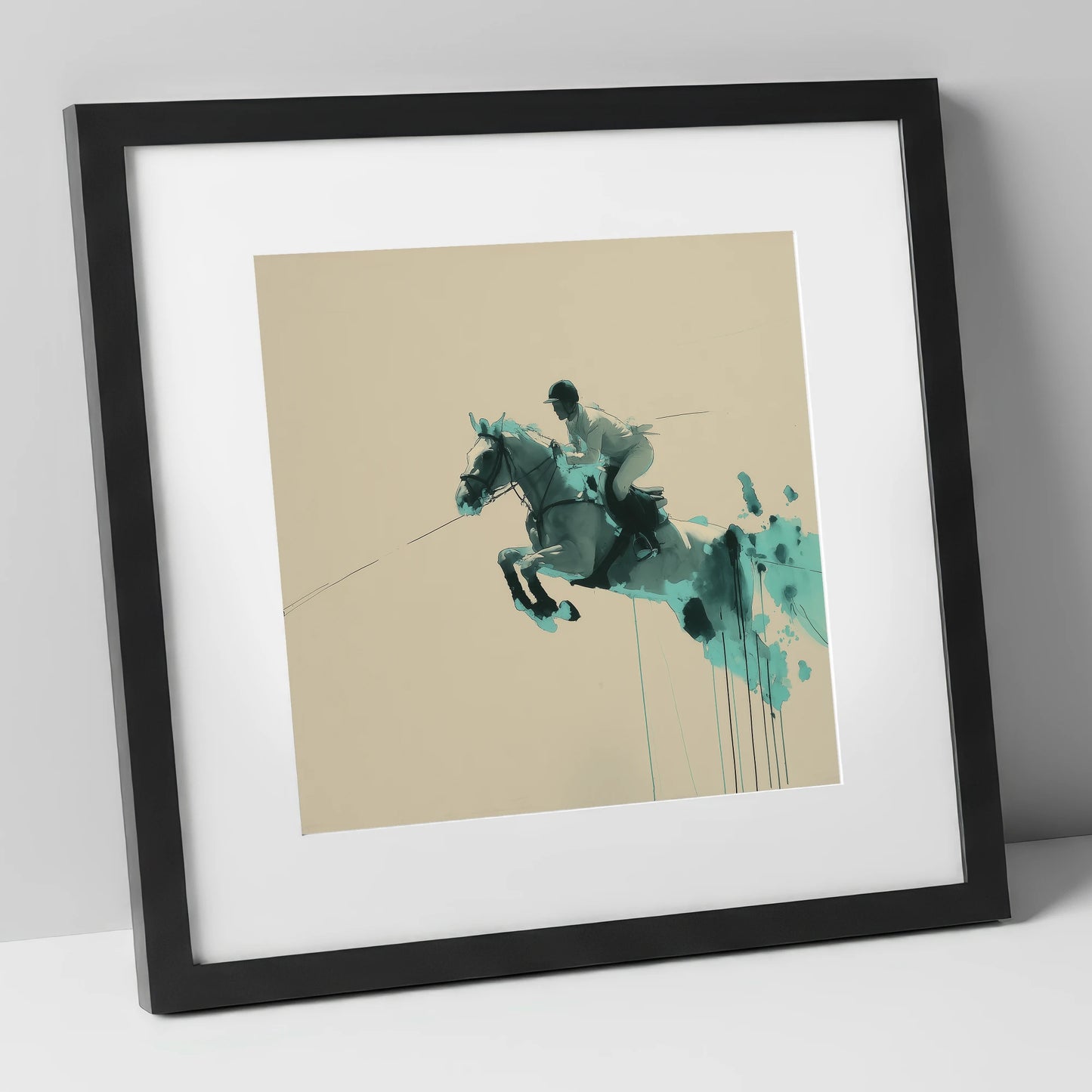 Suspended In Teal show jumping horse art print in black frame