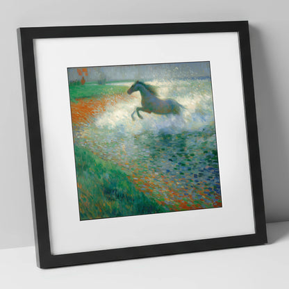 Luminous Surf Canter beach horse art print in black frame