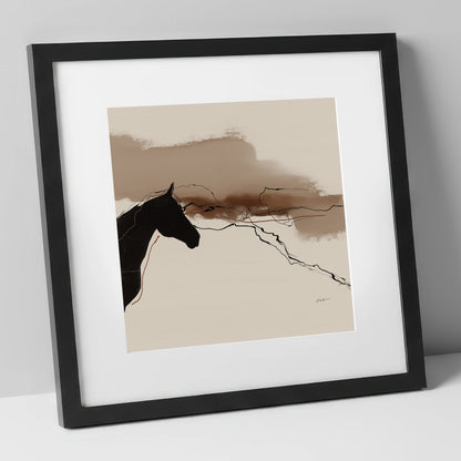 Abstract Sepia Silhouette horse portrait art print in black frame