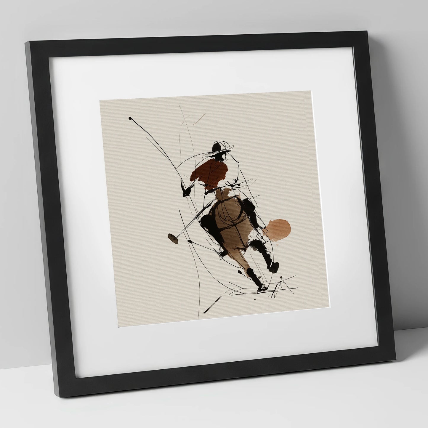 Dynamic Chukka polo horse art print in black frame