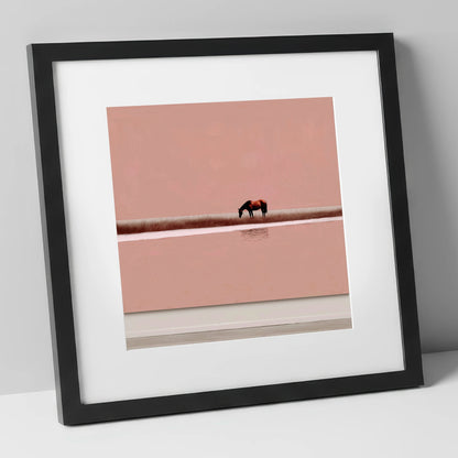 Dusky Rose Horizon horse landscape art print in black frame