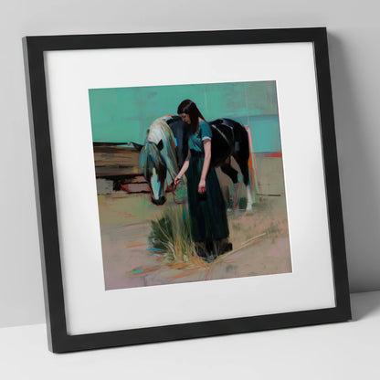 Stillness in Teal horse & rider art print in black frame