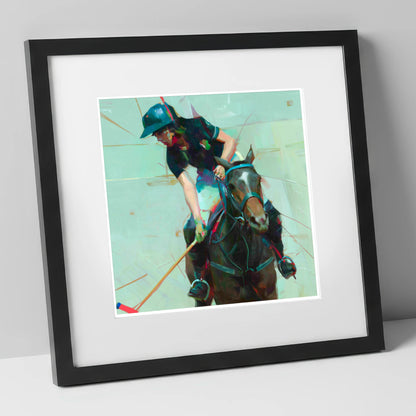 Mid-Match Focus polo horse art print in black frame