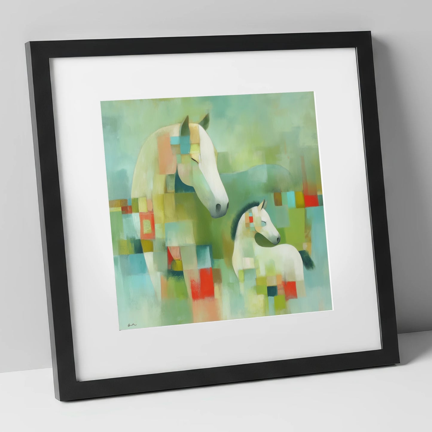 Structured Serenity mare & foal art print in black frame