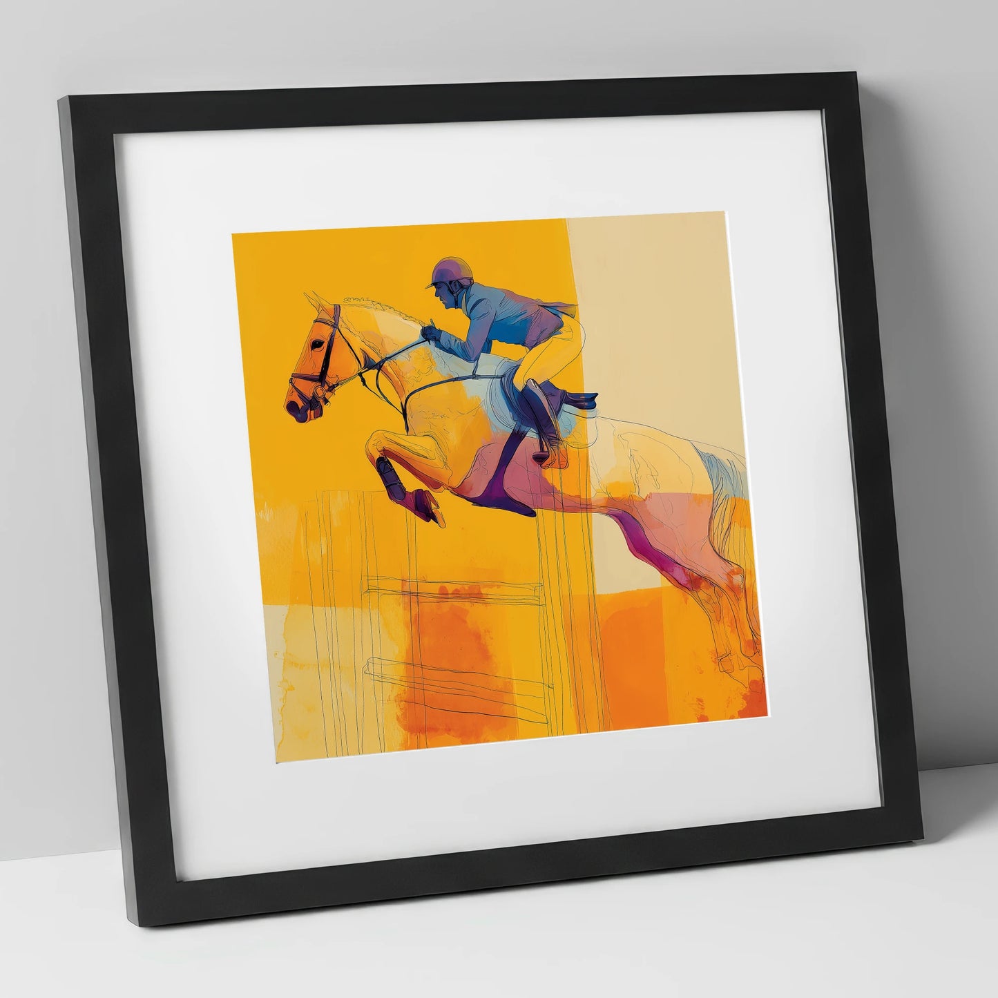Amber Flight show jumping horse art print in black frame
