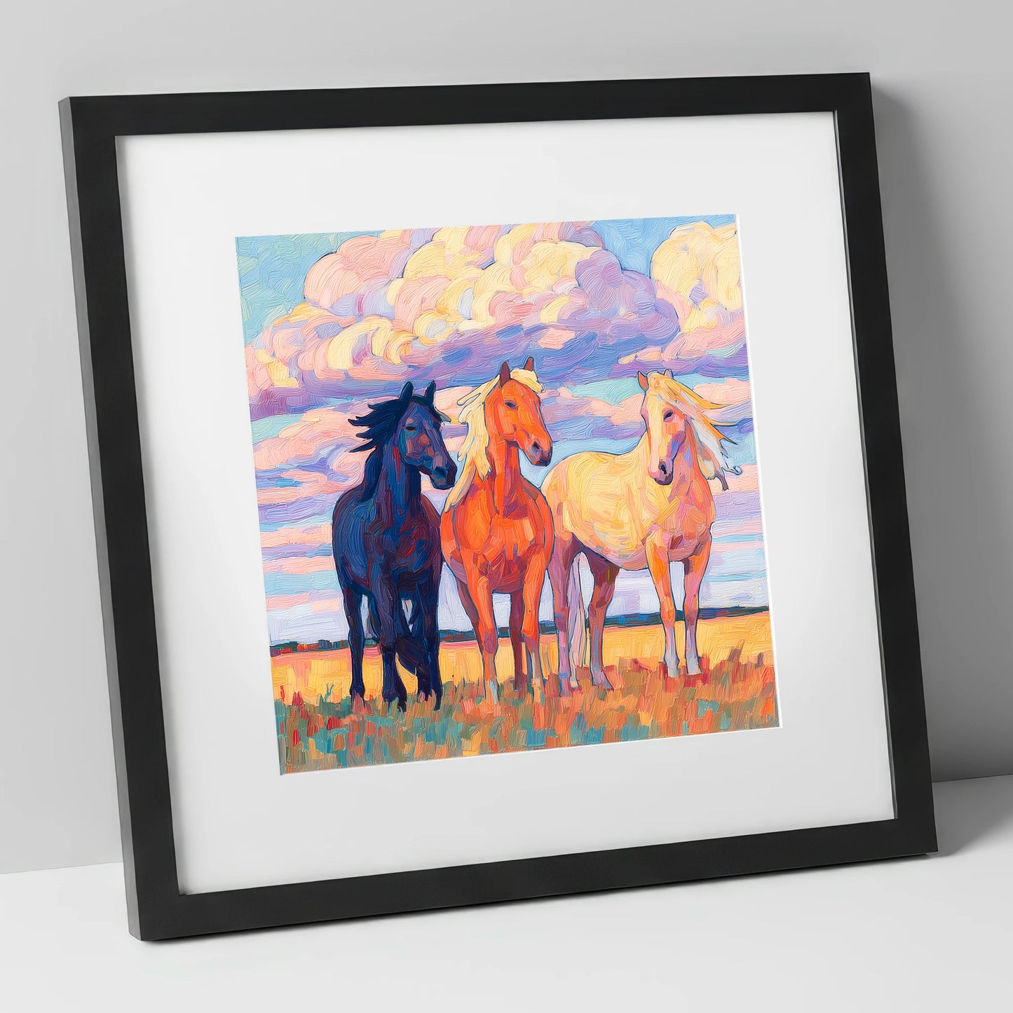 Three Under Painted Skies horse landscape art print in black frame