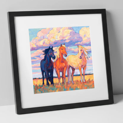 Three Under Painted Skies horse landscape art print in black frame