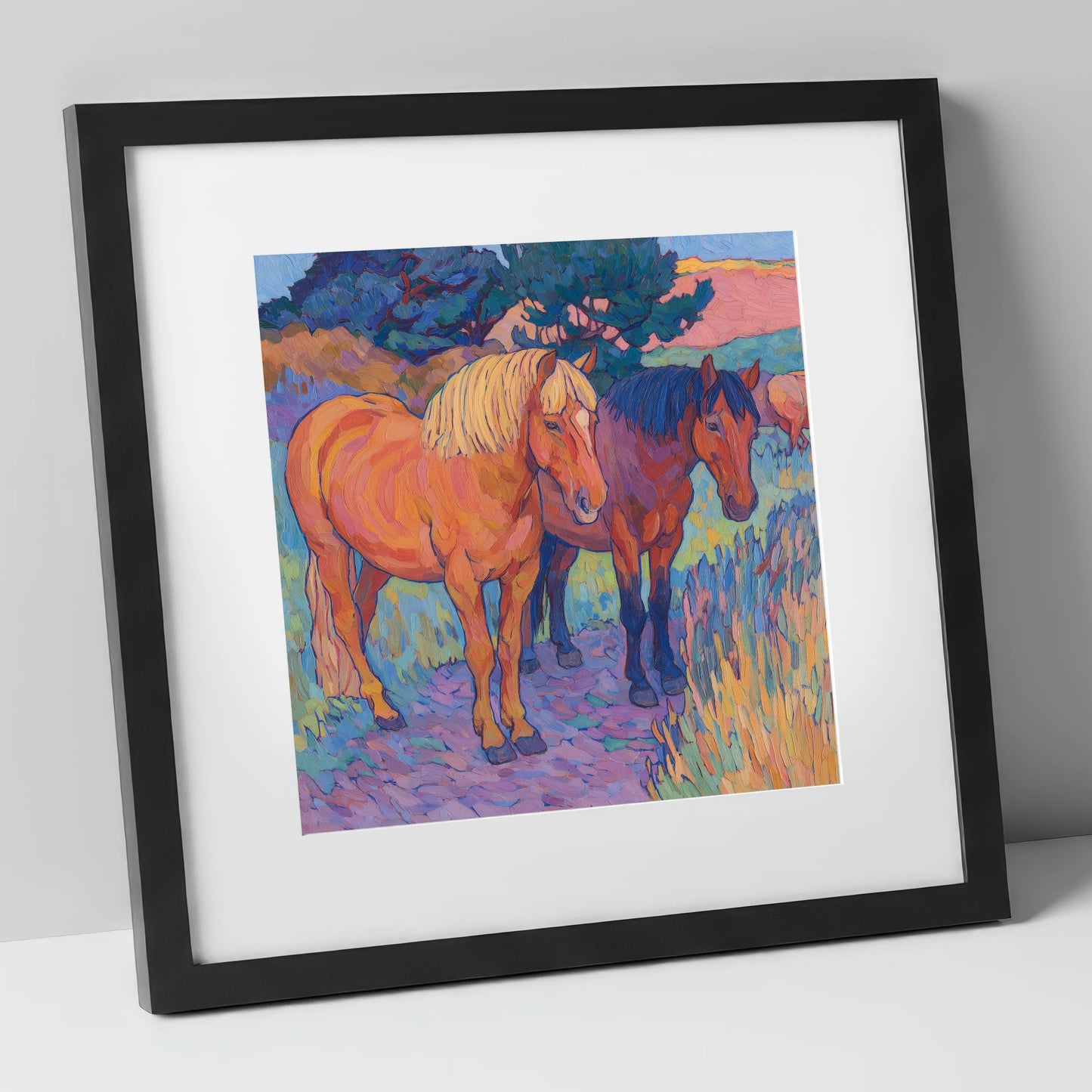Sunset Pasture Companions horse landscape art print in black frame
