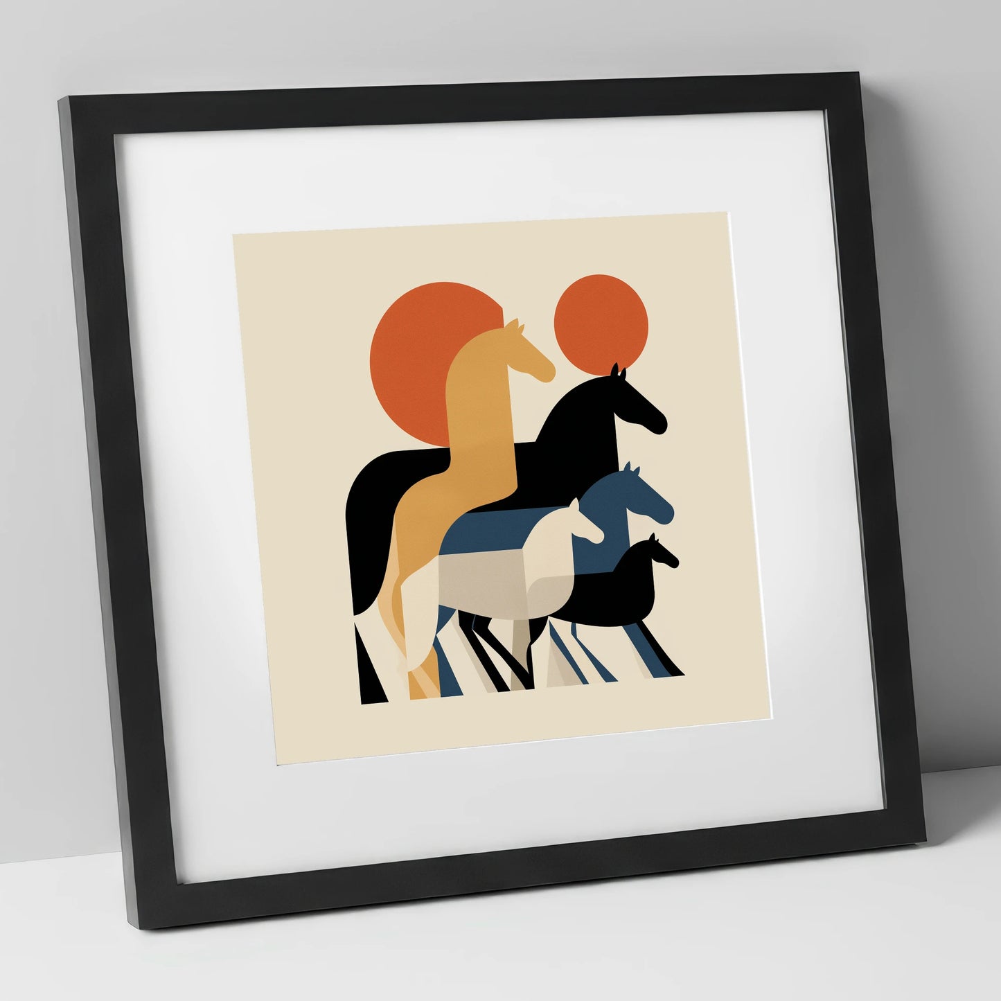 Geometric Sunrise Herd wild horses art print in black frame