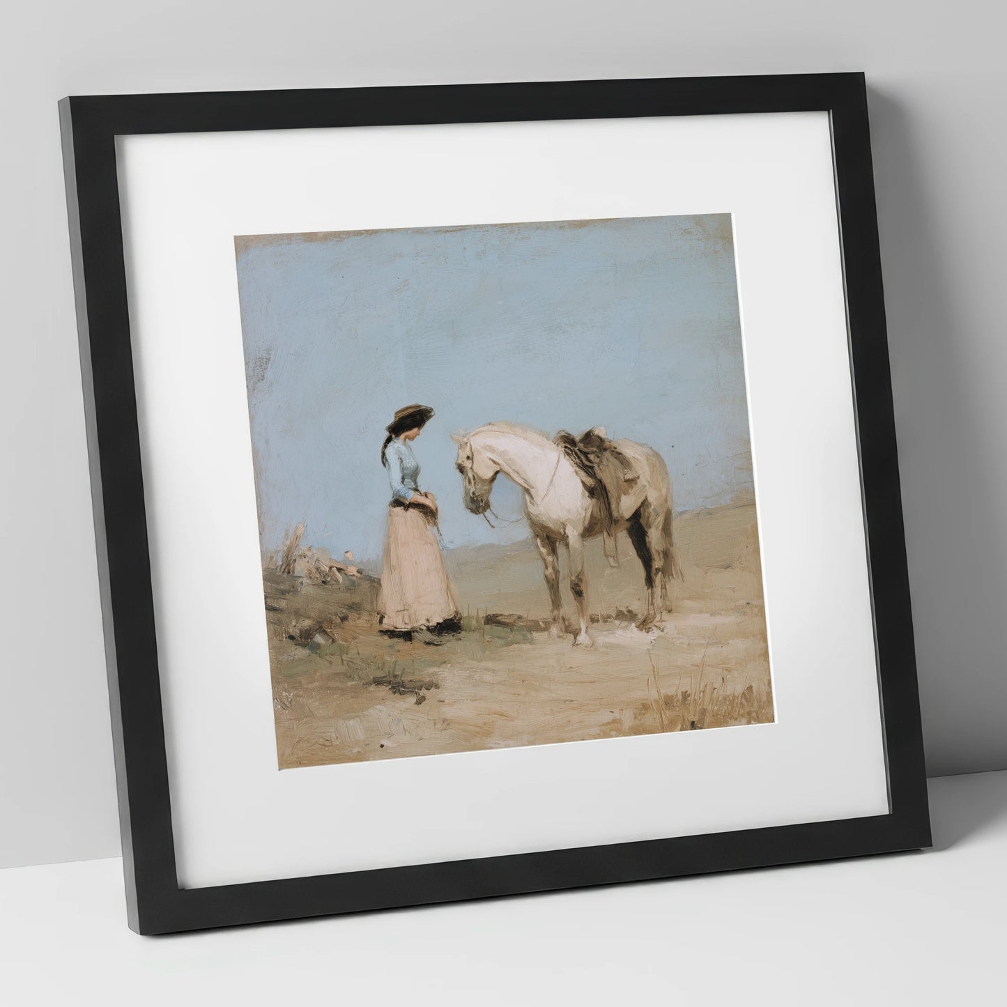 The Waiting Grey horse & rider art print in black frame