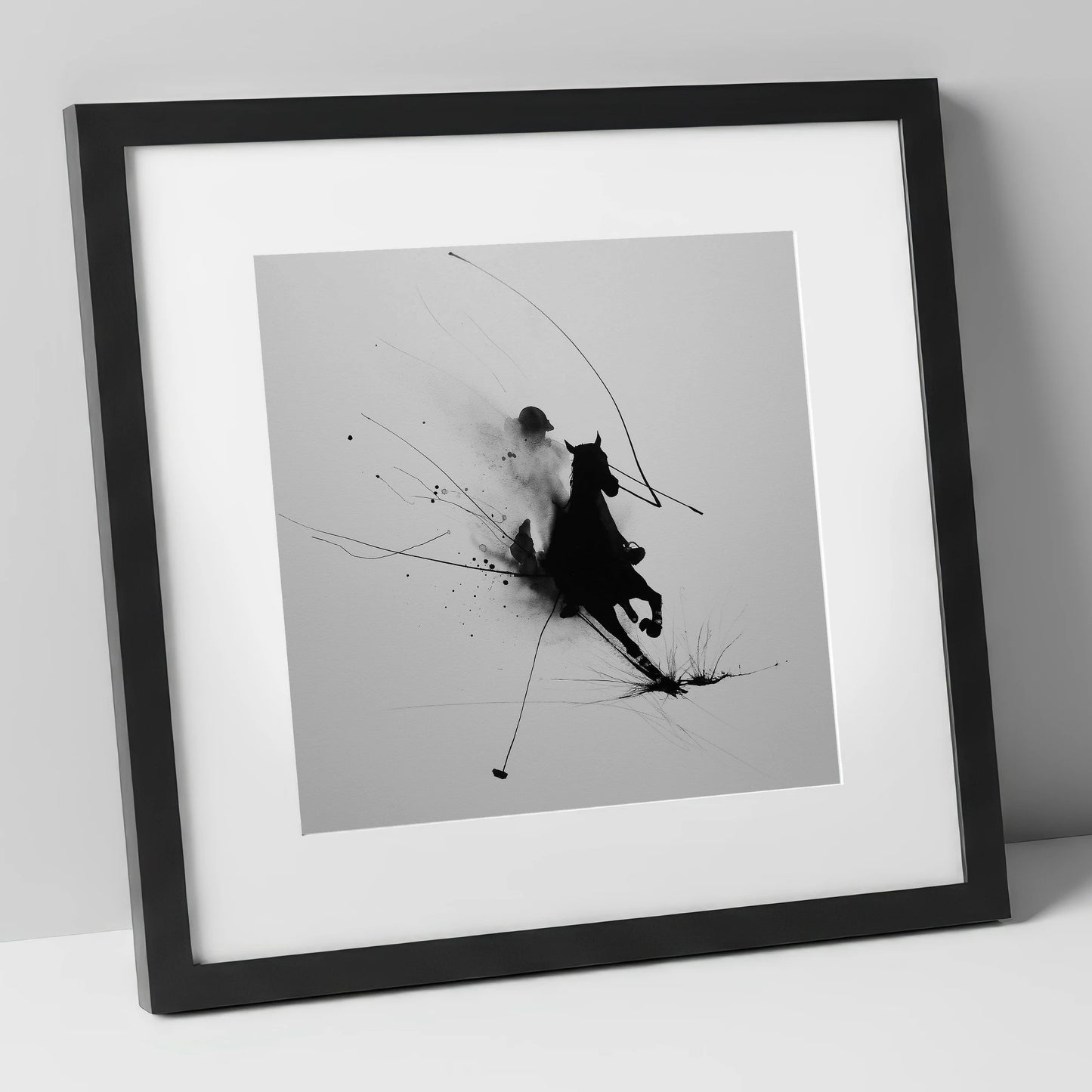 Phantom Polo Strike polo horse art print in black frame