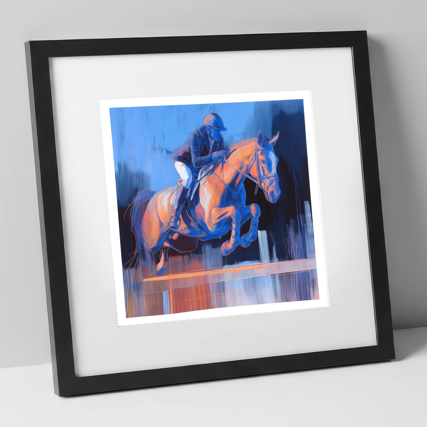 Cobalt Ascent show jumping horse art print in black frame