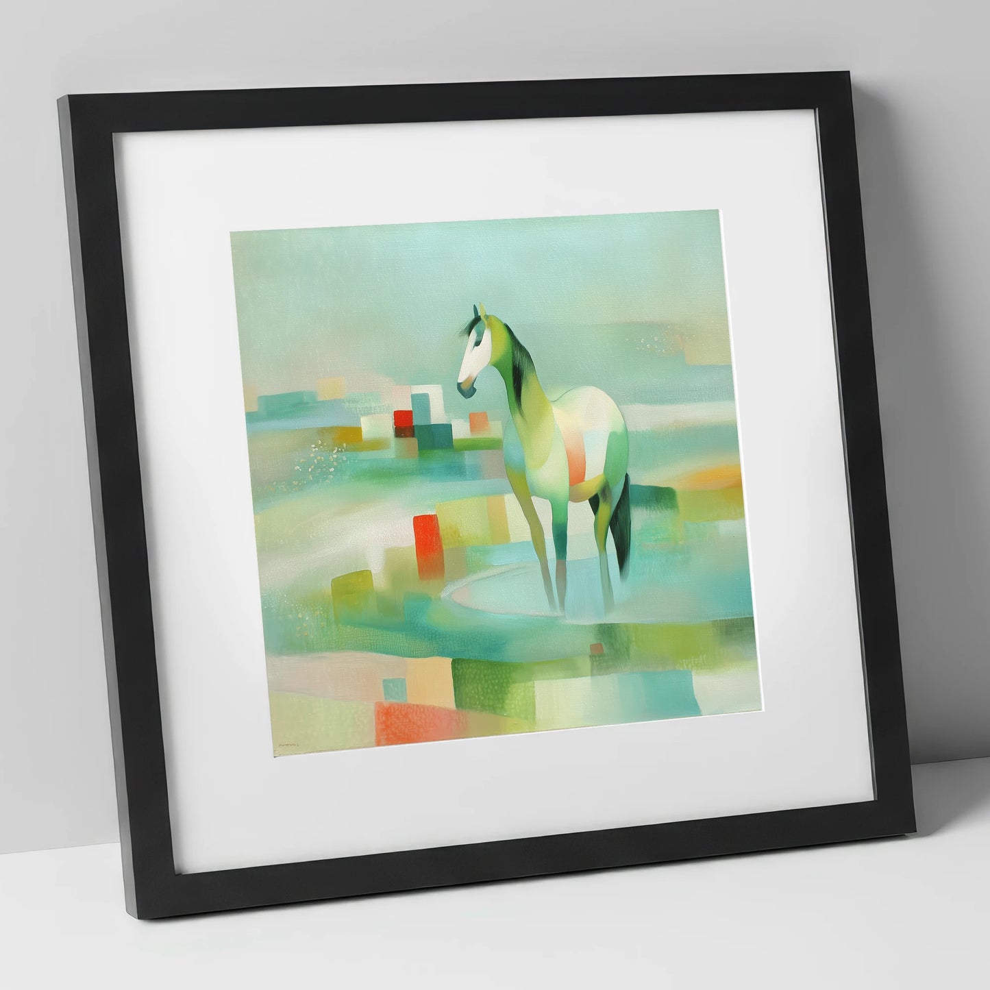 Geometric Coastal Equine beach horse art print in black frame