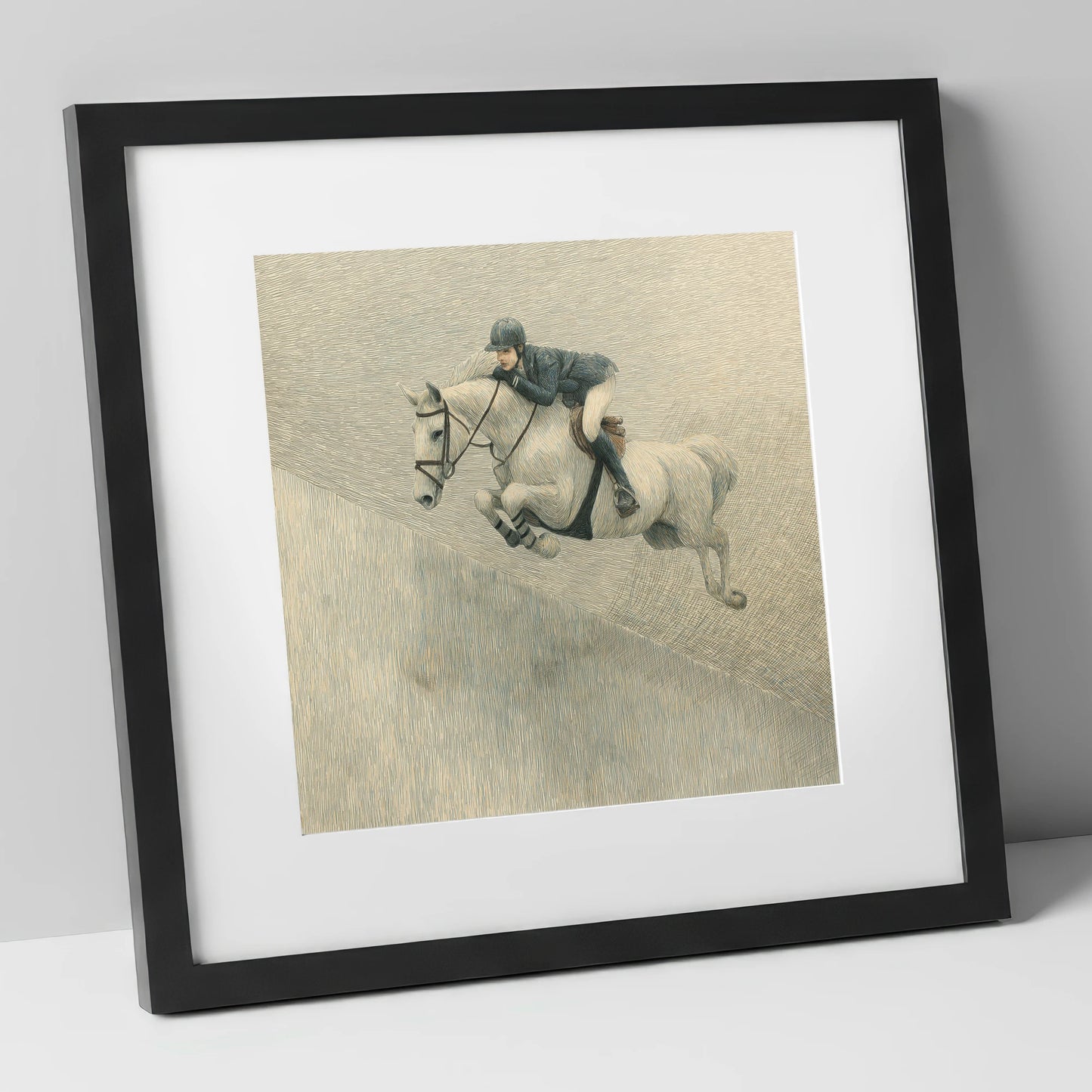 Suspended in Flight show jumping horse art print in black frame