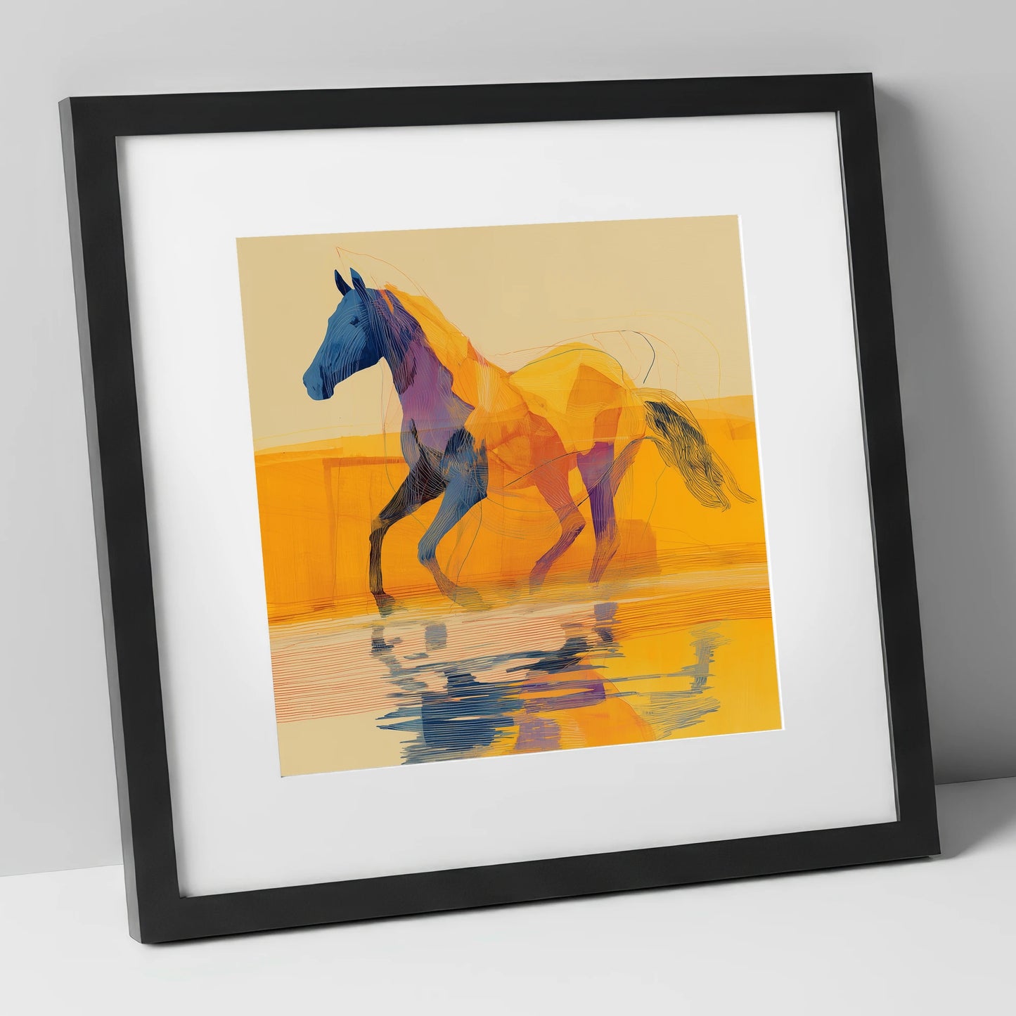 Golden Coastal Stride beach horse art print in black frame