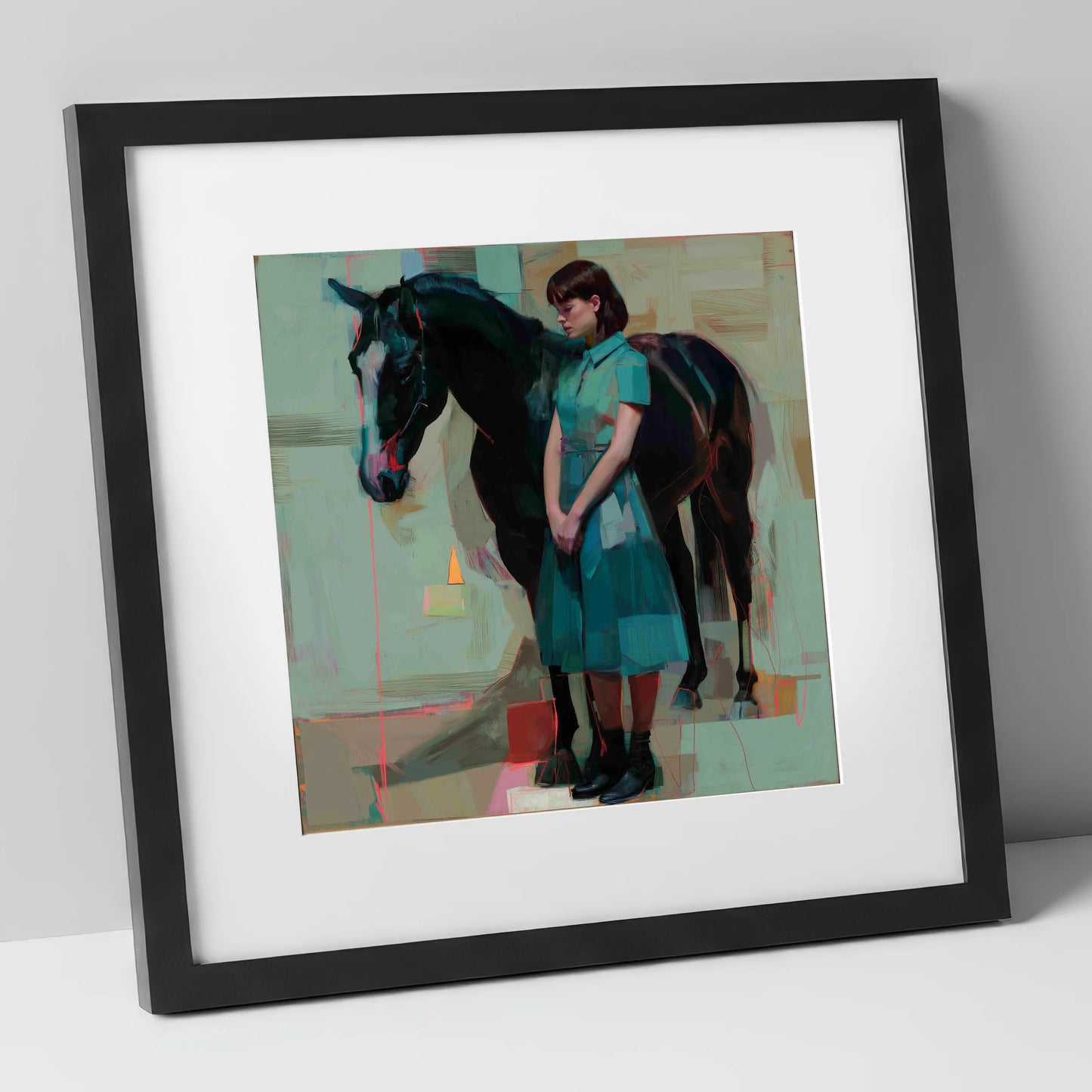 A Quiet Connection horse & rider art print in black frame