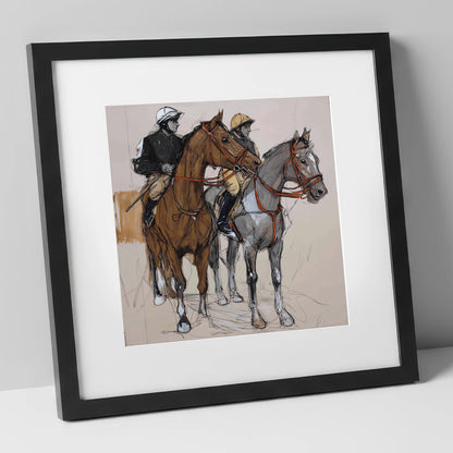 Waiting for the Off racing horse art print in black frame