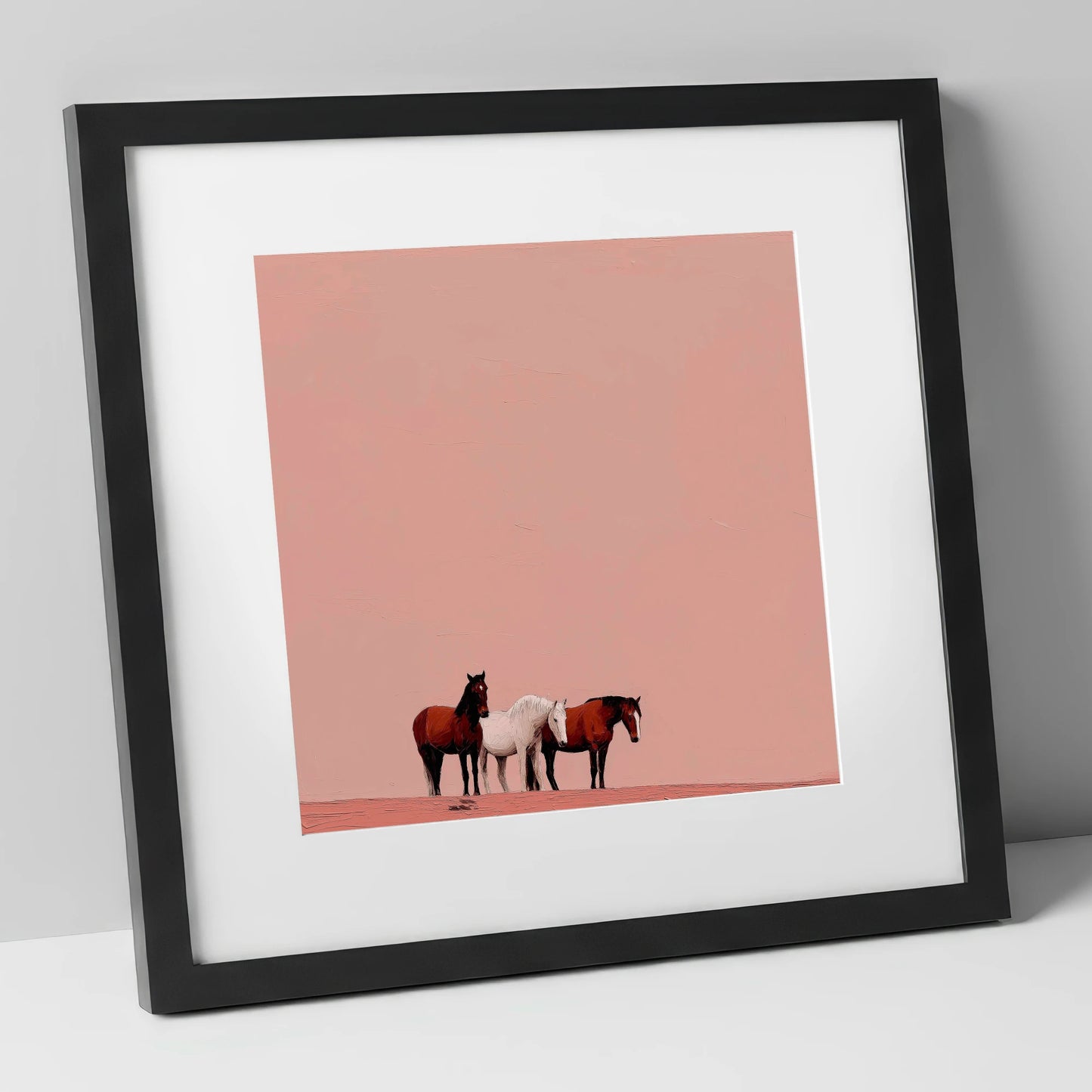 The Blush Horizon wild horses art print in black frame