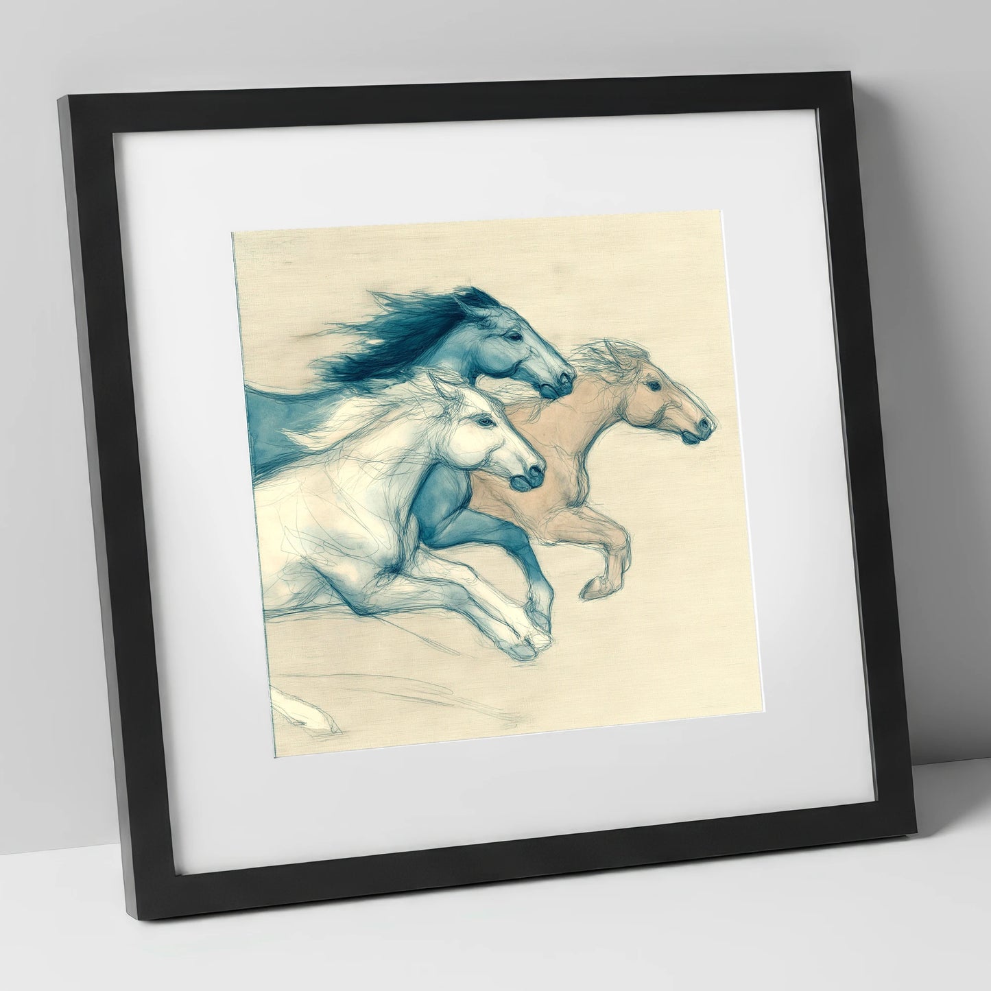 Azure Equine Trio wild horses art print in black frame